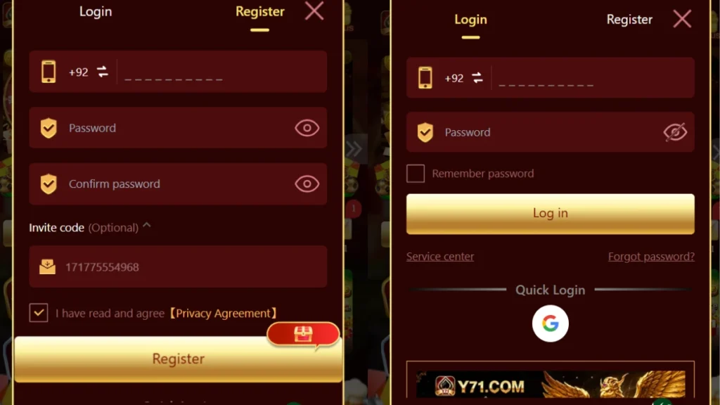 Y71 game register and login Android 2026